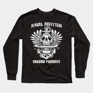 Naval Aviation Ground Pounder Vintage Skull Wings and Wrench Long Sleeve T-Shirt